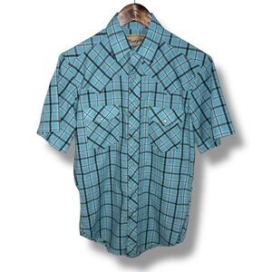 Wrangler Westernwear Teal Check Pearl Snap Cowboy Shirt Size S